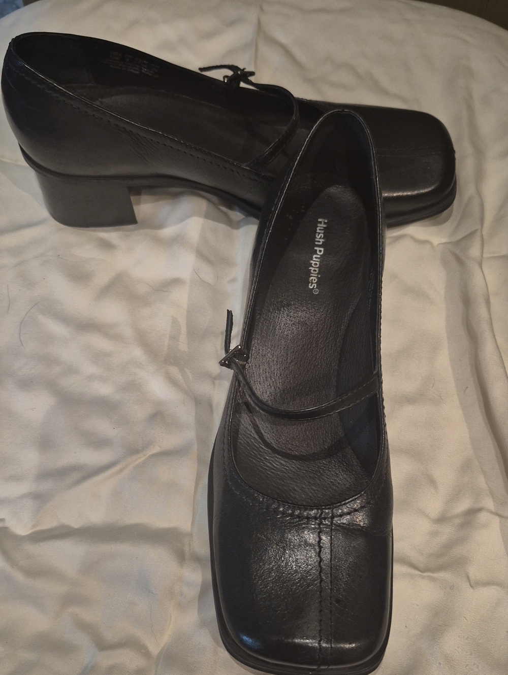 Hush Puppies Black Leather Mary Jane Block Heels